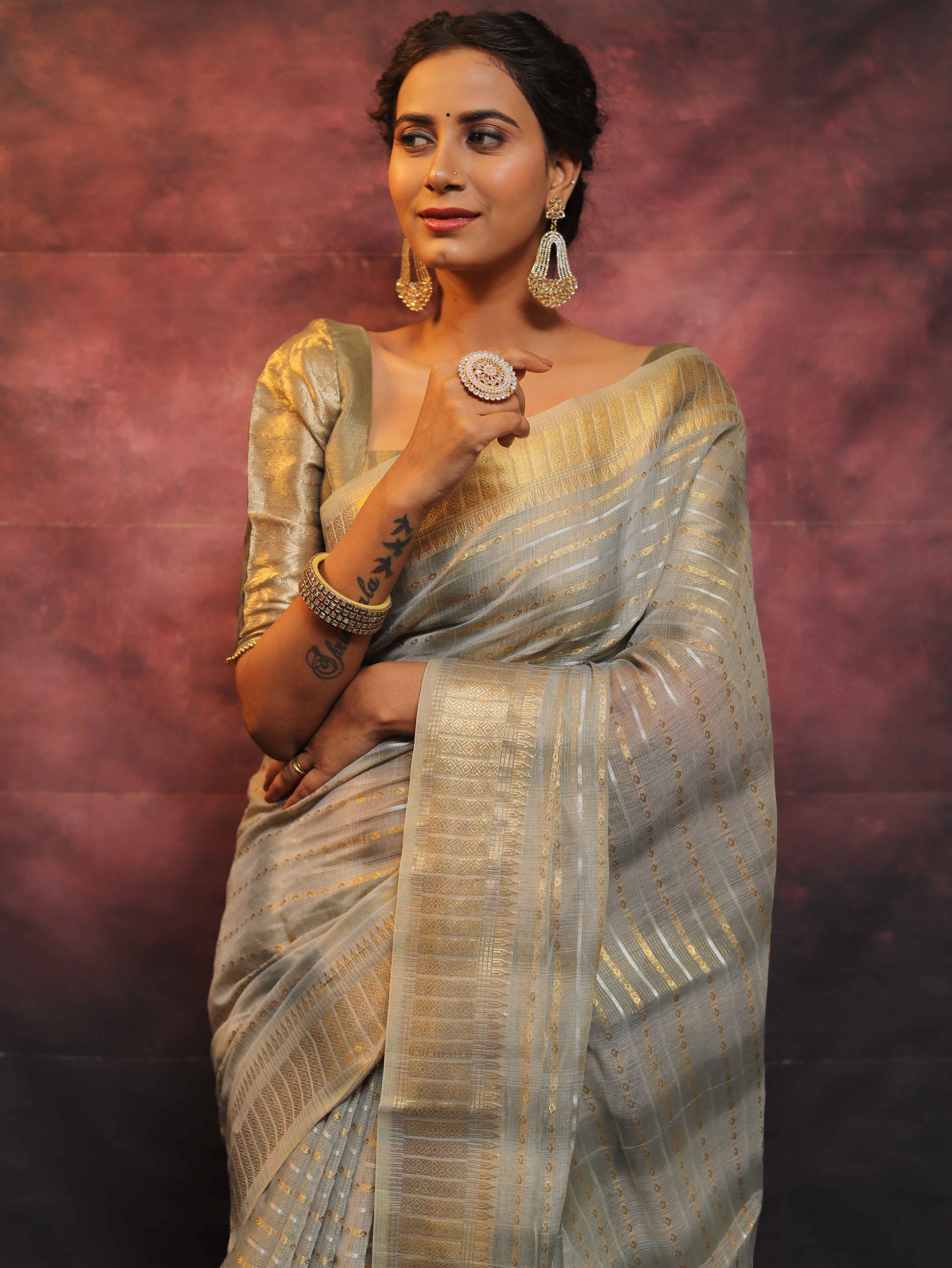 Banarasee Linen Tissue Sona Rupa Zari Work Saree-Grey