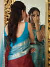 Banarasee Handloom Plain Semi Silk Saree With Contrast Temple Border-Maroon & Blue
