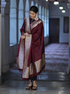 Banarasee Katan Silk Dupatta With Gold Zari Woven Border-Burgundy