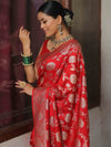 Banarasee Semi-Katan Zari Jaal Saree-Red