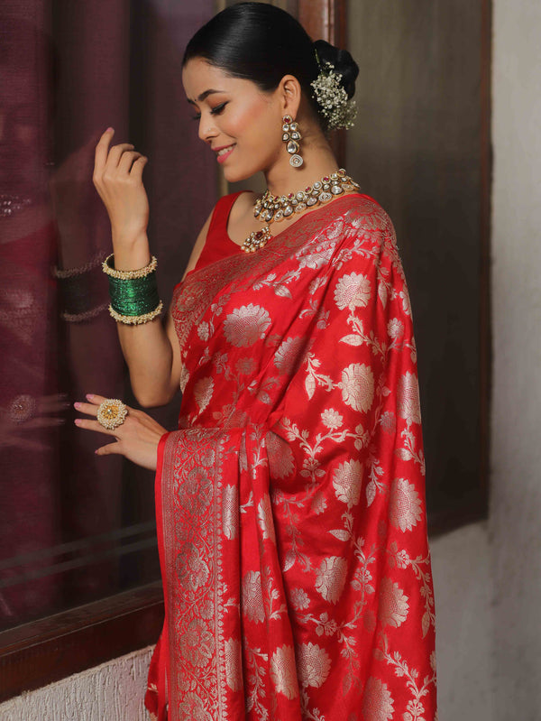 Banarasee Semi-Katan Zari Jaal Saree-Red