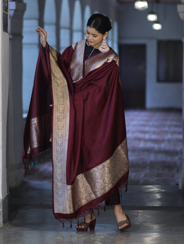 Banarasee Katan Silk Dupatta With Gold Zari Woven Border-Burgundy