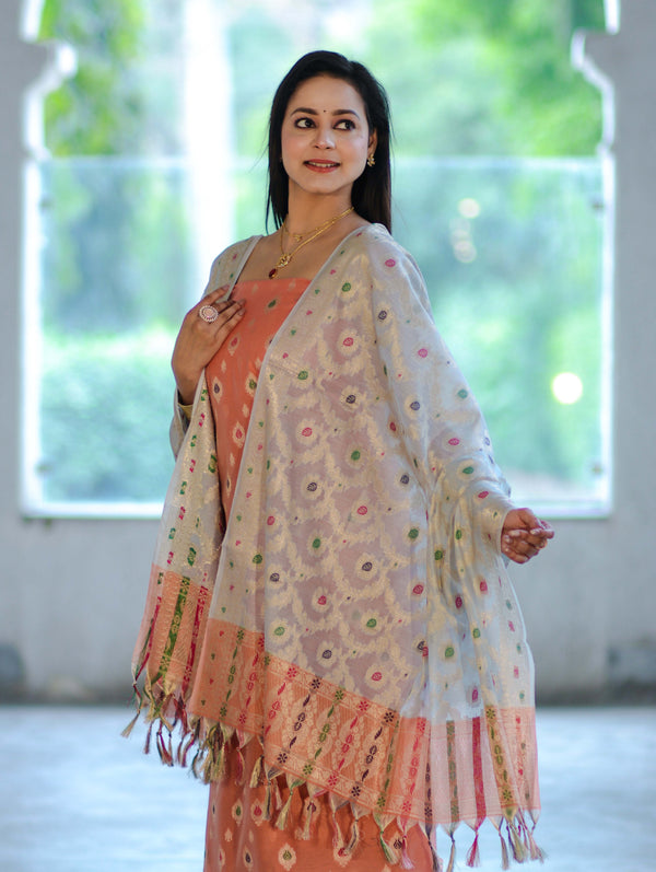 Banarasee Cotton Silk Zari Work Salwar Kameez Fabric With Jaal Design Dupatta Set-Peach & Light Blue