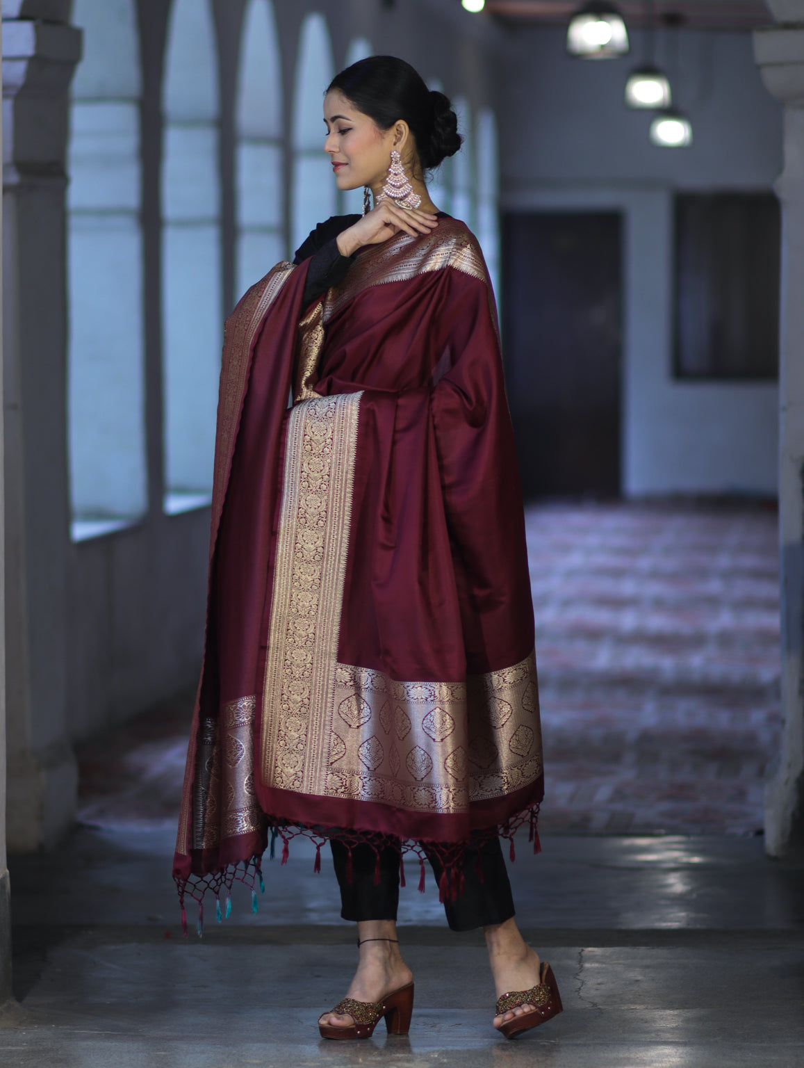 Banarasee Katan Silk Dupatta With Gold Zari Woven Border-Burgundy