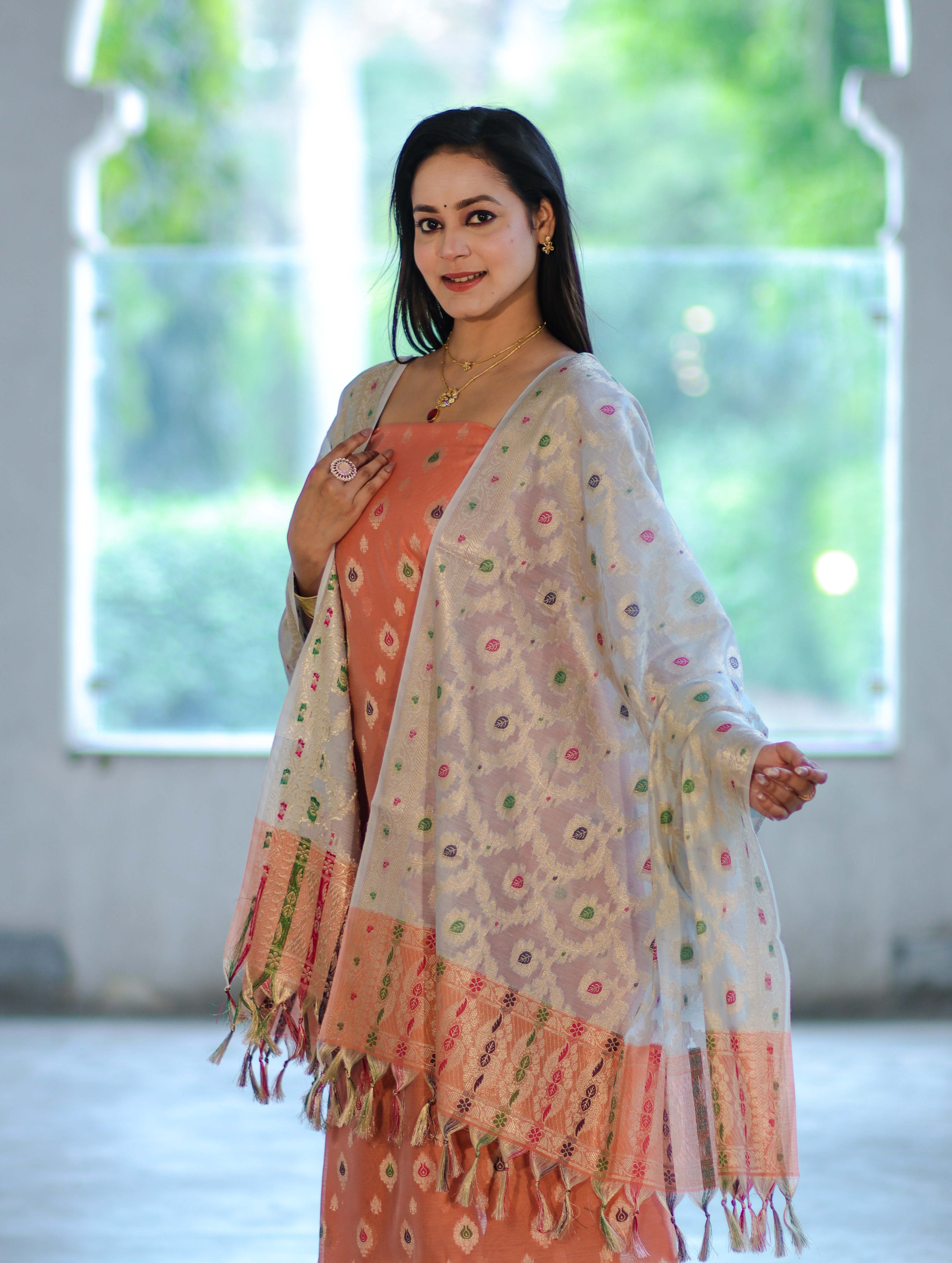 Banarasee Cotton Silk Zari Work Salwar Kameez Fabric With Jaal Design Dupatta Set-Peach & Light Blue