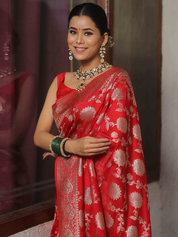 Banarasee Semi-Katan Zari Jaal Saree-Red