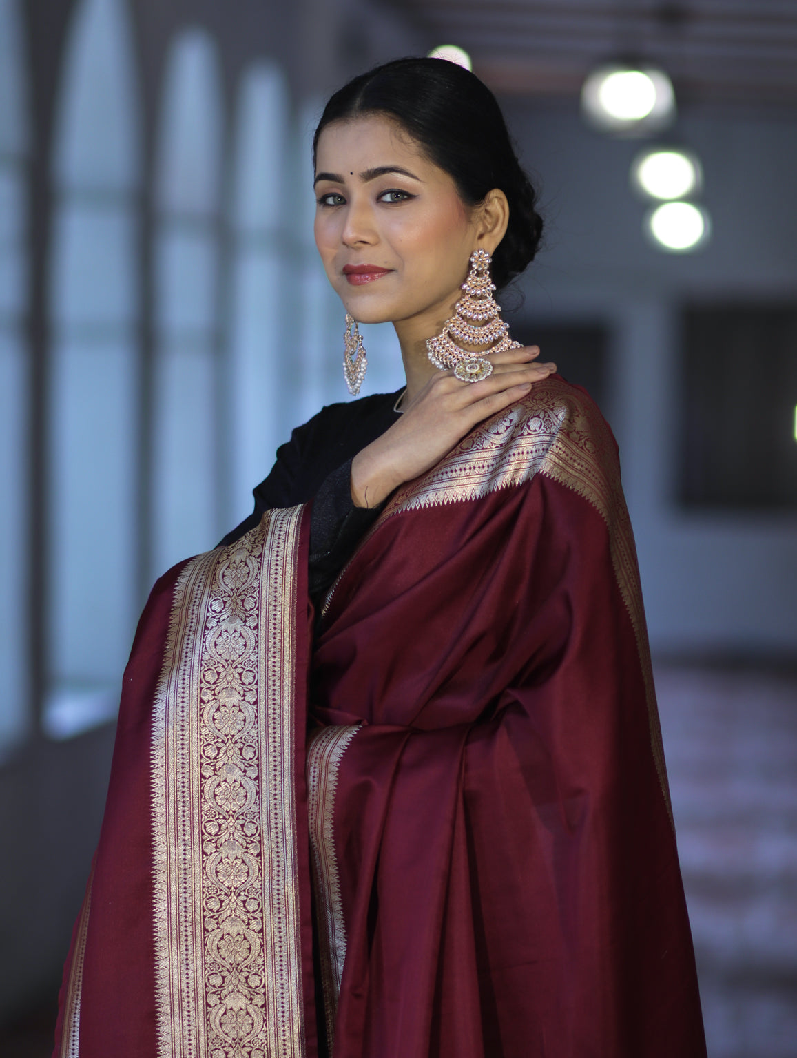 Banarasee Katan Silk Dupatta With Gold Zari Woven Border-Burgundy