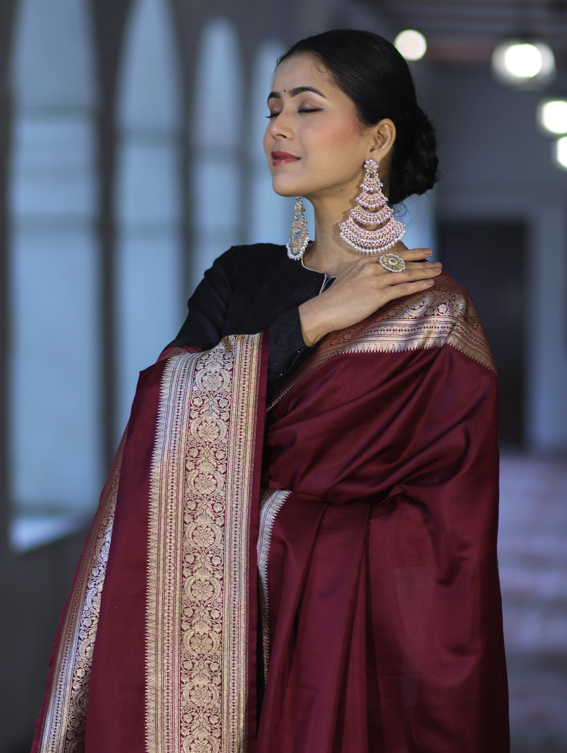 Banarasee Katan Silk Dupatta With Gold Zari Woven Border-Burgundy