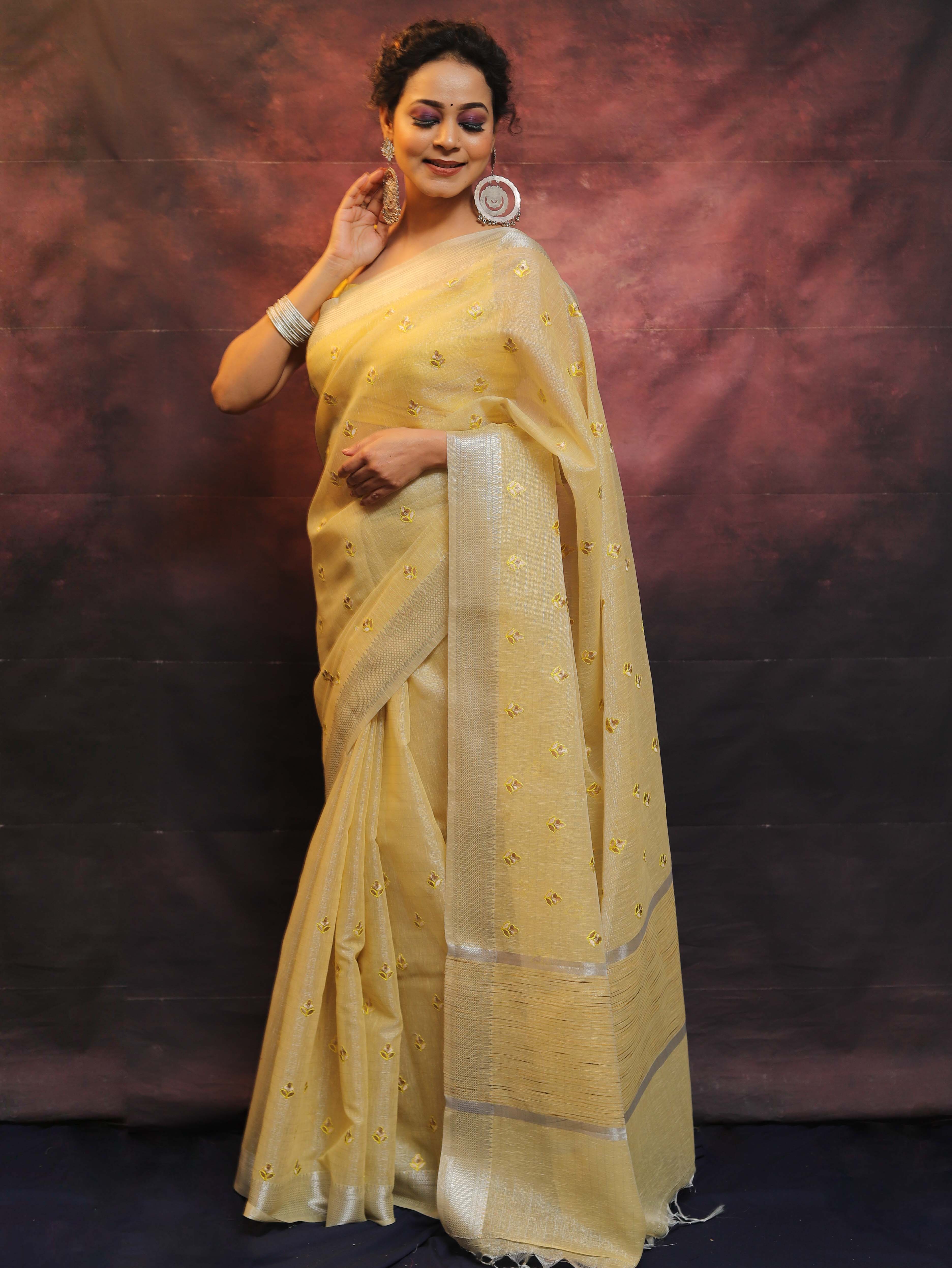Banarasee Handwoven Zari Border Tissue Saree With Embroidered Floral Buta-Yellow
