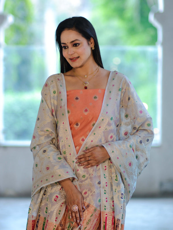 Banarasee Cotton Silk Zari Work Salwar Kameez Fabric With Jaal Design Dupatta Set-Peach & Light Blue