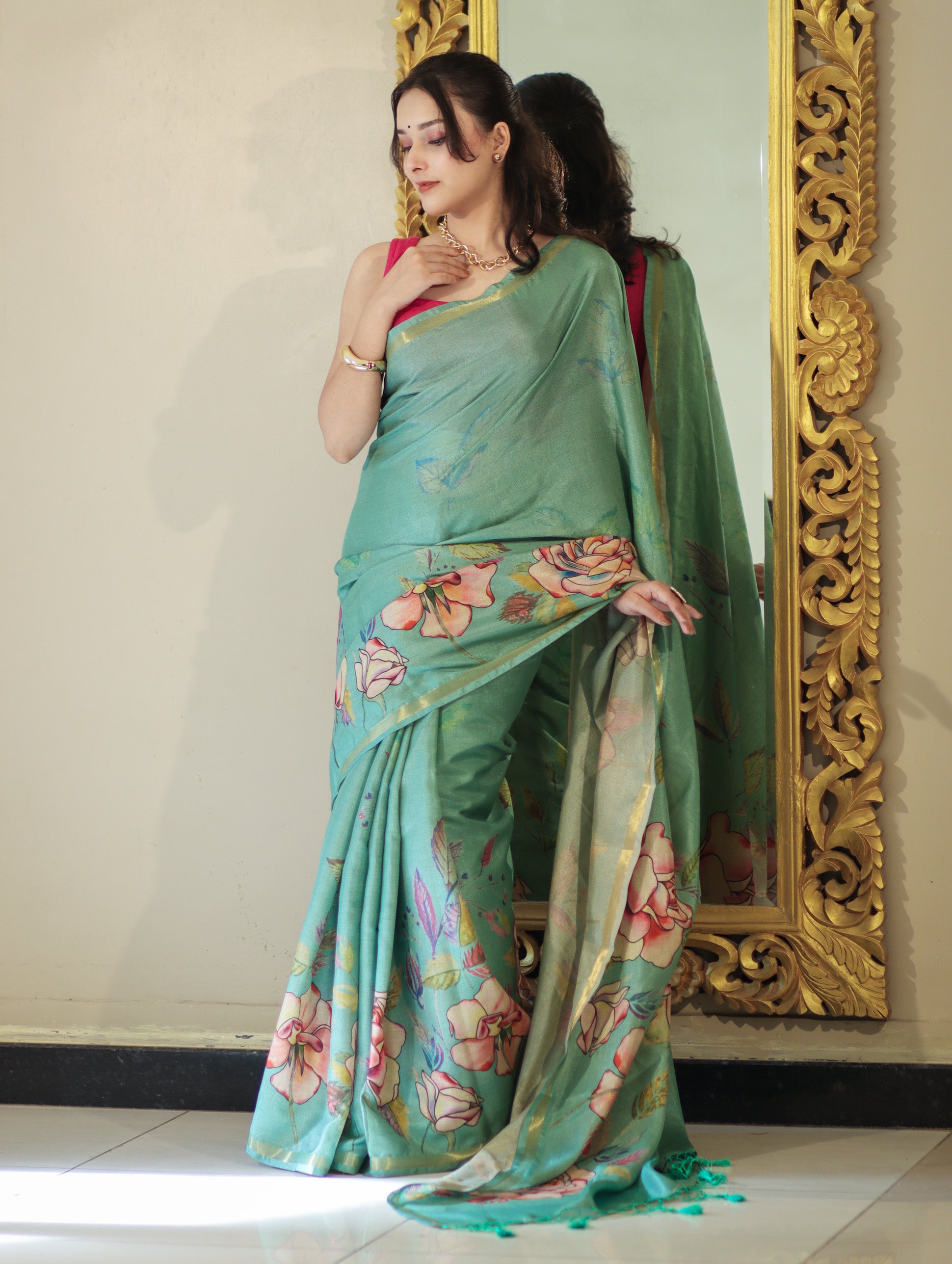 Banarasee Handloom Cotton Silk Saree With Digital Floral Prints & Border-Light Green