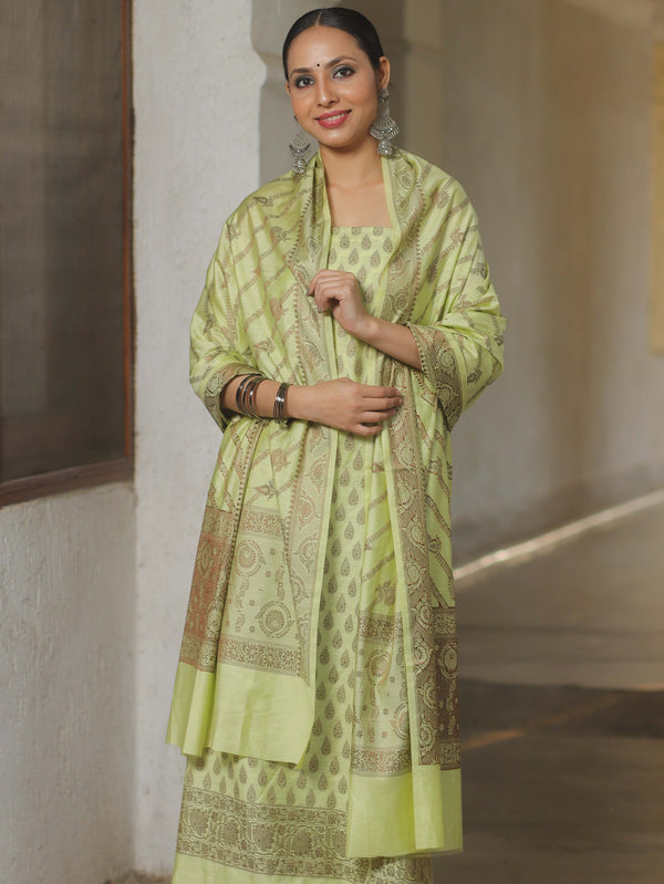 Banarasee Semi Katan Silk Salwar Kameez Fabric With Dupatta Resham Zari Work-Pastel Yellow