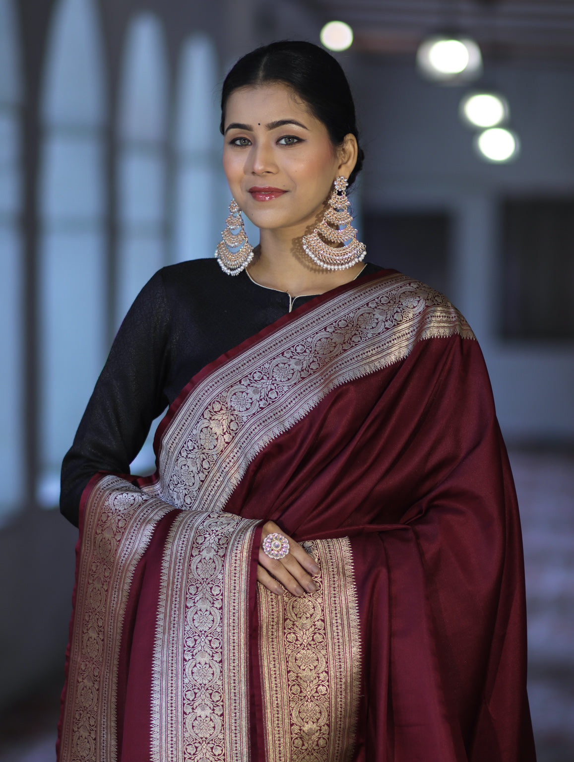 Banarasee Katan Silk Dupatta With Gold Zari Woven Border-Burgundy