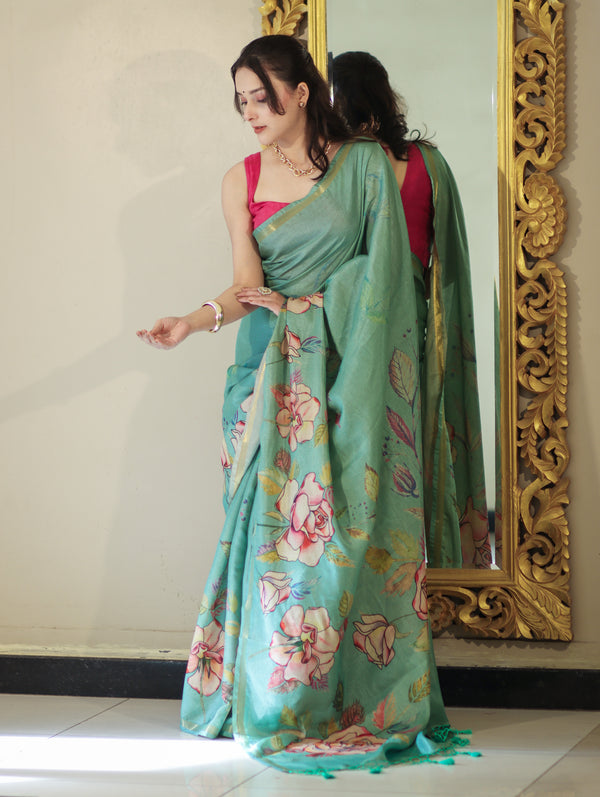 Banarasee Handloom Cotton Silk Saree With Digital Floral Prints & Border-Light Green