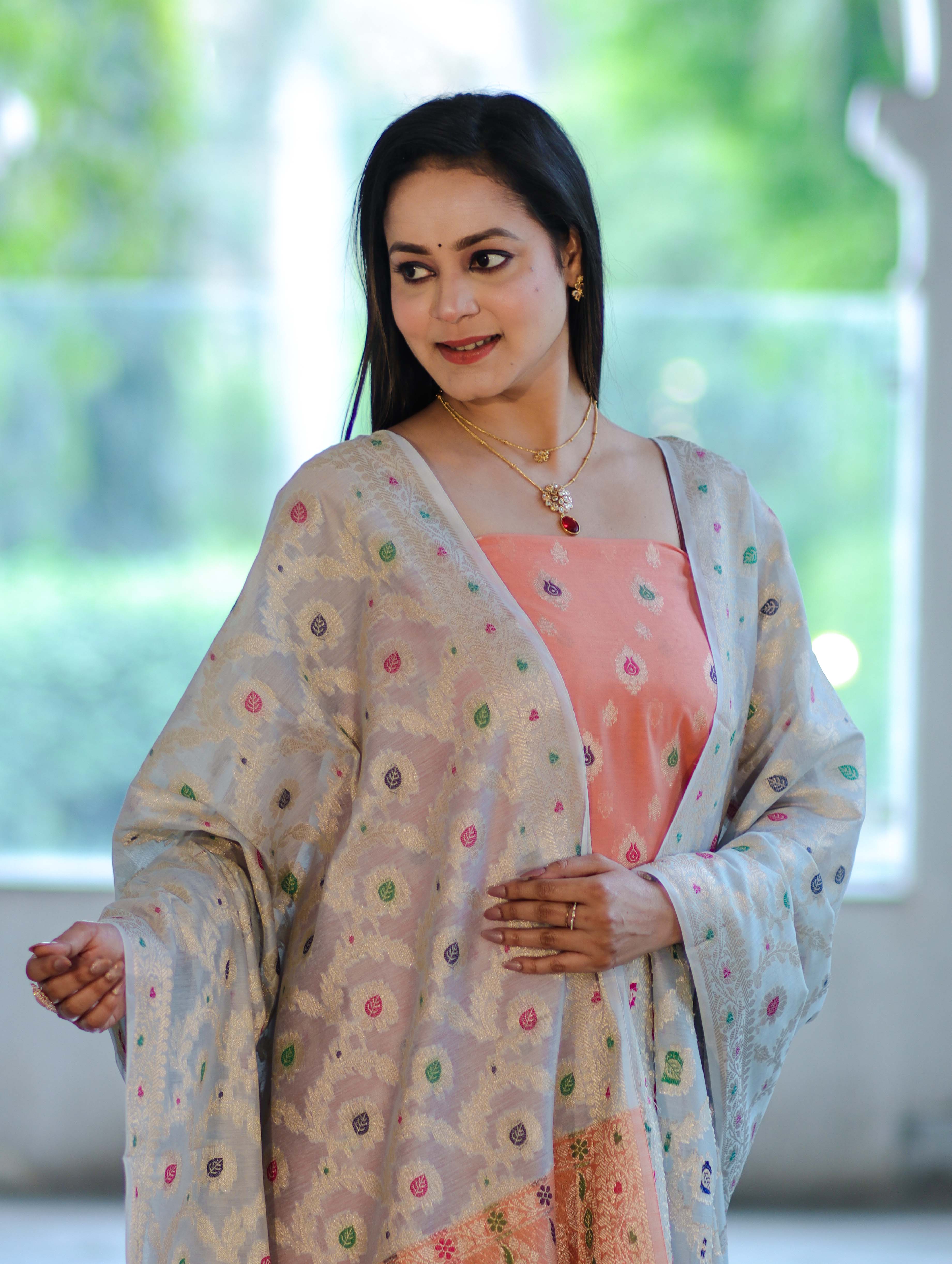 Banarasee Cotton Silk Zari Work Salwar Kameez Fabric With Jaal Design Dupatta Set-Peach & Light Blue