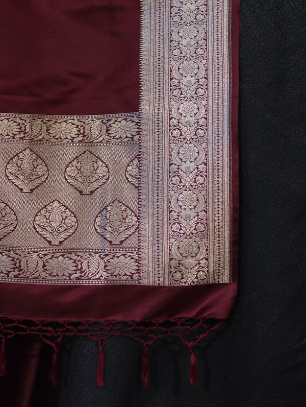 Banarasee Katan Silk Dupatta With Gold Zari Woven Border-Burgundy