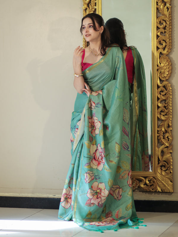 Banarasee Handloom Cotton Silk Saree With Digital Floral Prints & Border-Light Green