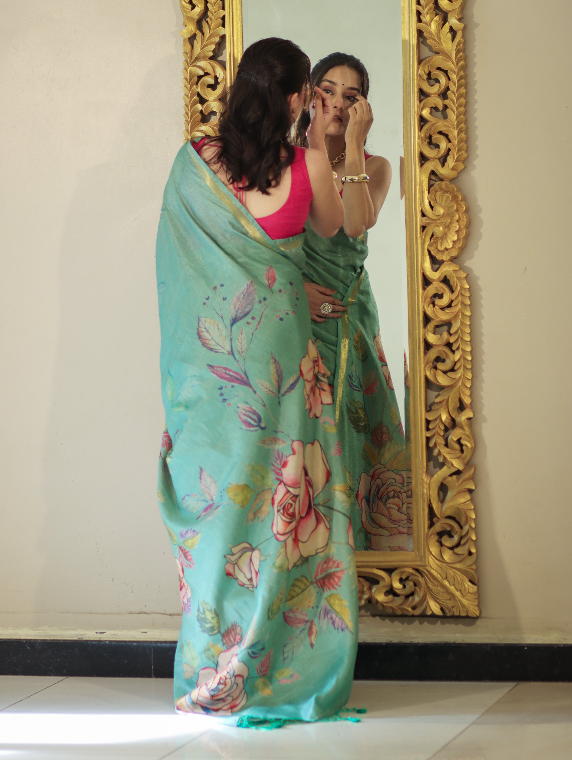 Banarasee Handloom Cotton Silk Saree With Digital Floral Prints & Border-Light Green
