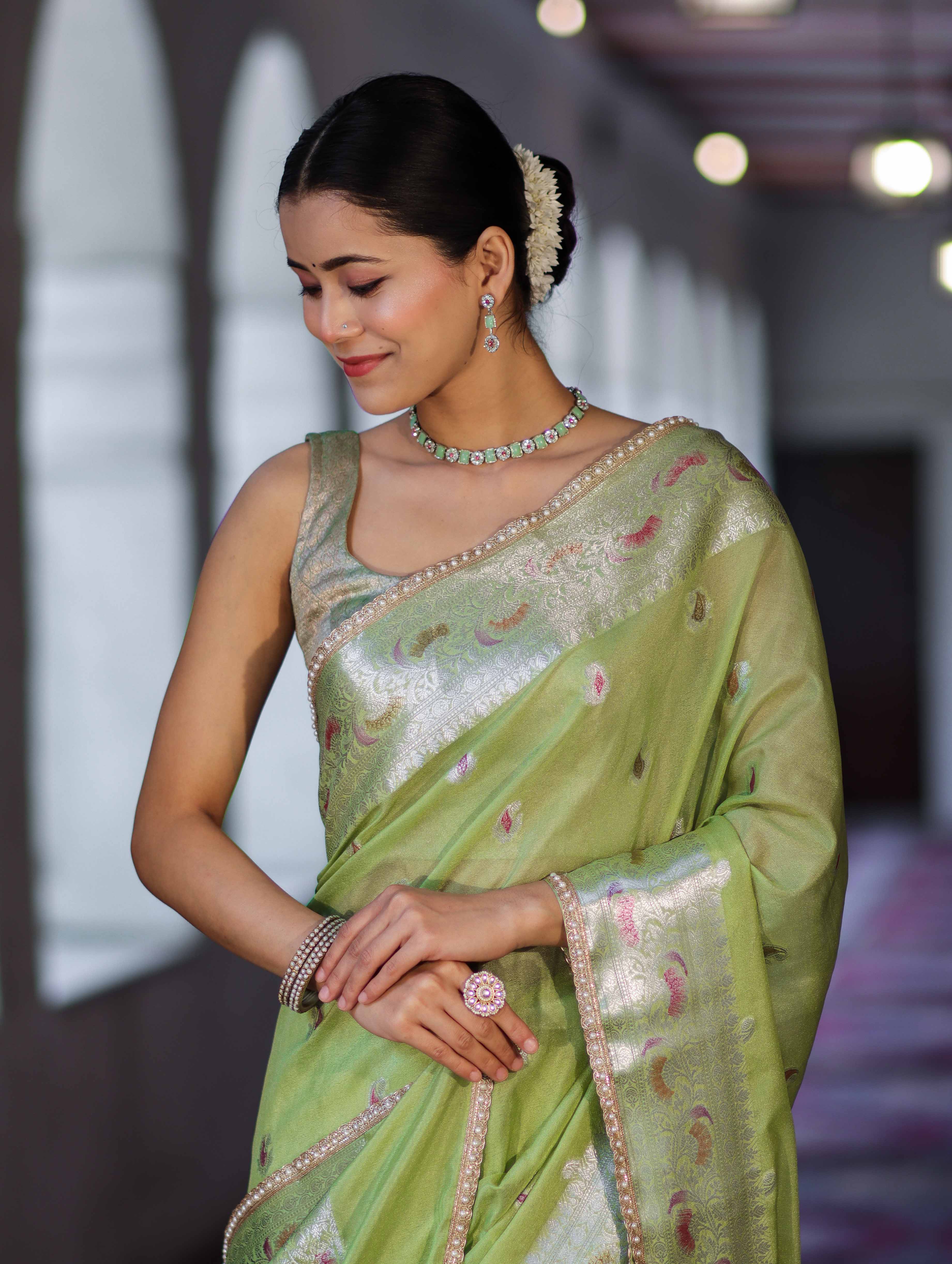 Banarasee Semi Chiffon Saree With Meena Work Silver Zari Border & Lace-Light Green