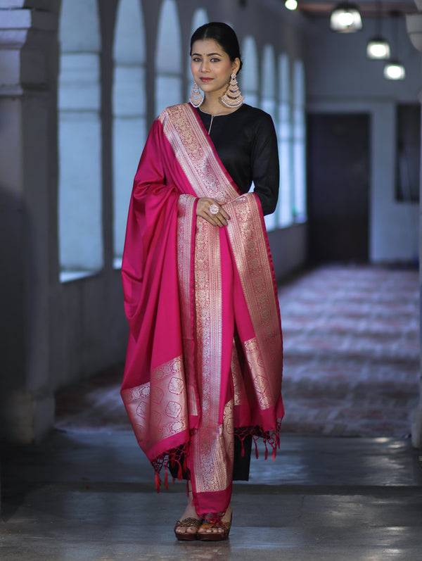 Banarasee Katan Silk Dupatta With Gold Zari Woven Border-Pink