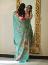 Banarasee Handloom Cotton Silk Saree With Digital Floral Prints & Border-Light Green