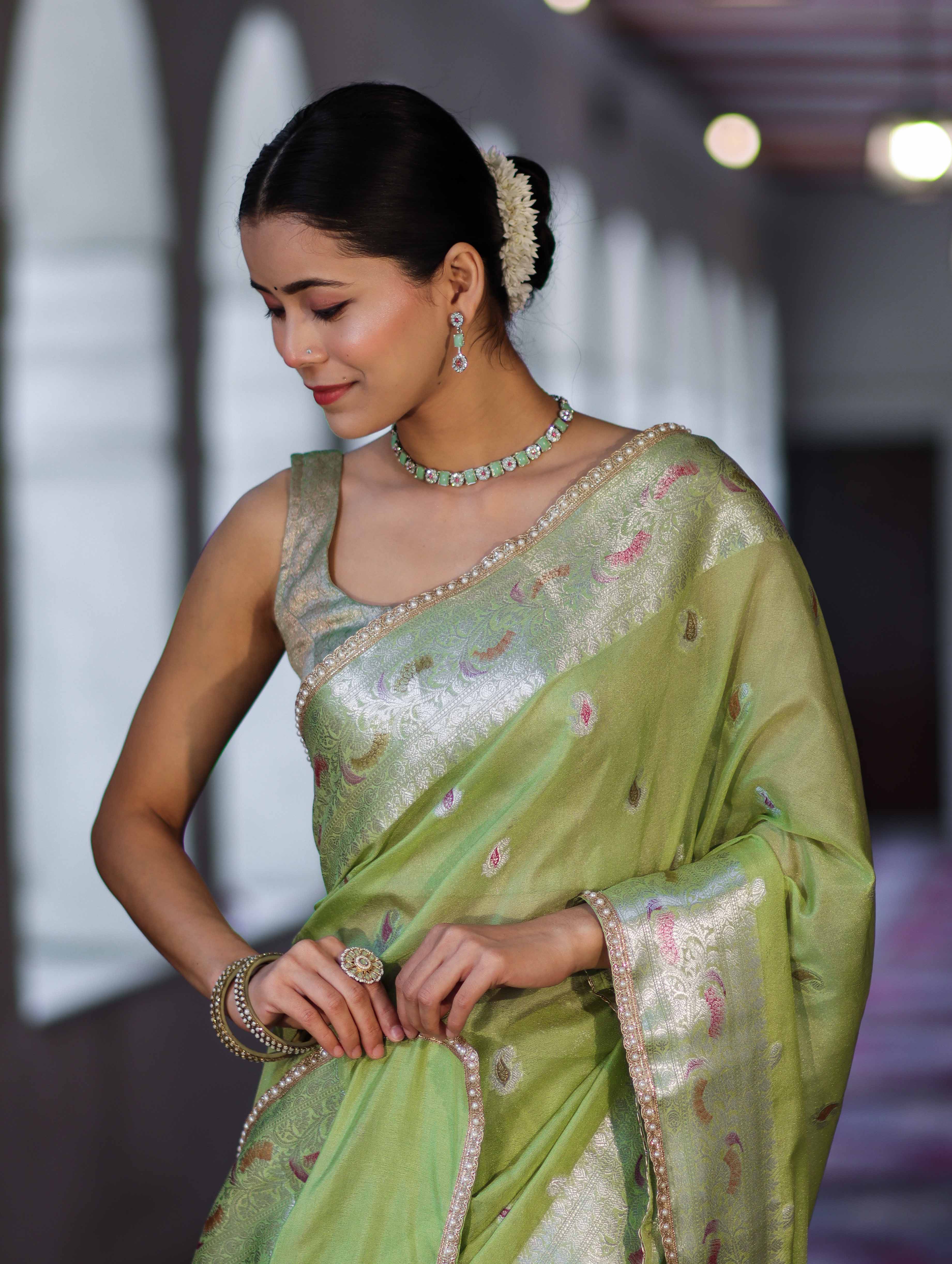 Banarasee Semi Chiffon Saree With Meena Work Silver Zari Border & Lace-Light Green