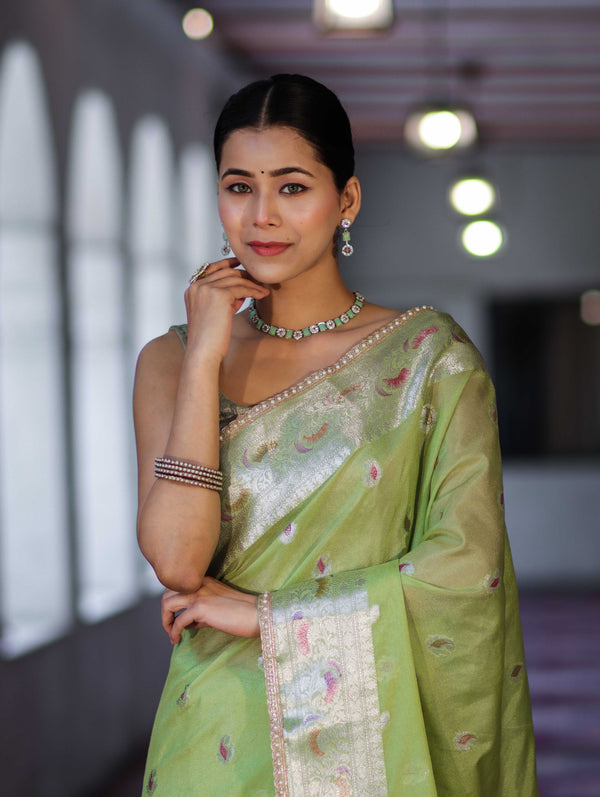 Banarasee Semi Chiffon Saree With Meena Work Silver Zari Border & Lace-Light Green