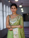 Banarasee Semi Chiffon Saree With Meena Work Silver Zari Border & Lace-Light Green