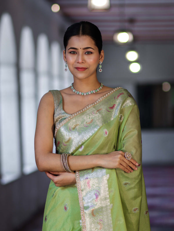 Banarasee Semi Chiffon Saree With Meena Work Silver Zari Border & Lace-Light Green