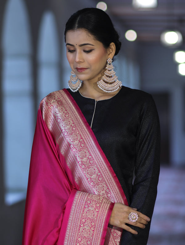 Banarasee Katan Silk Dupatta With Gold Zari Woven Border-Pink