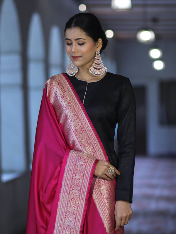 Banarasee Katan Silk Dupatta With Gold Zari Woven Border-Pink