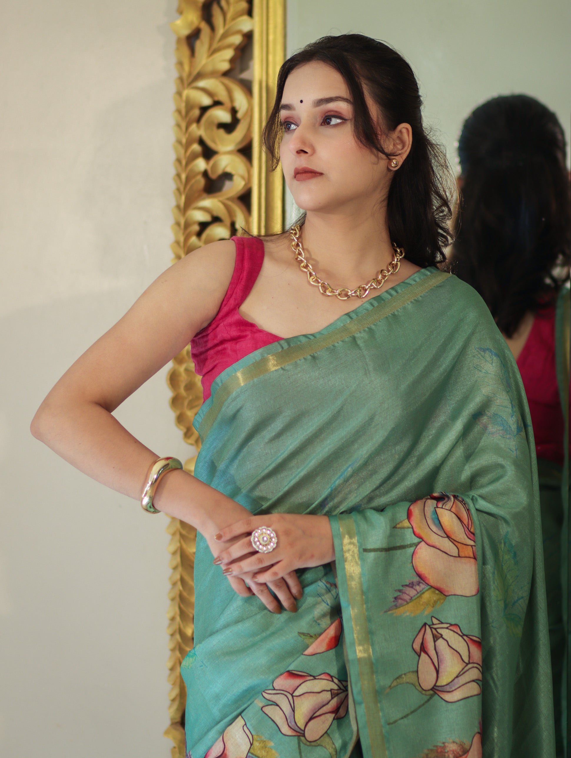 Banarasee Handloom Cotton Silk Saree With Digital Floral Prints & Border-Light Green