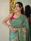 Banarasee Handloom Cotton Silk Saree With Digital Floral Prints & Border-Light Green