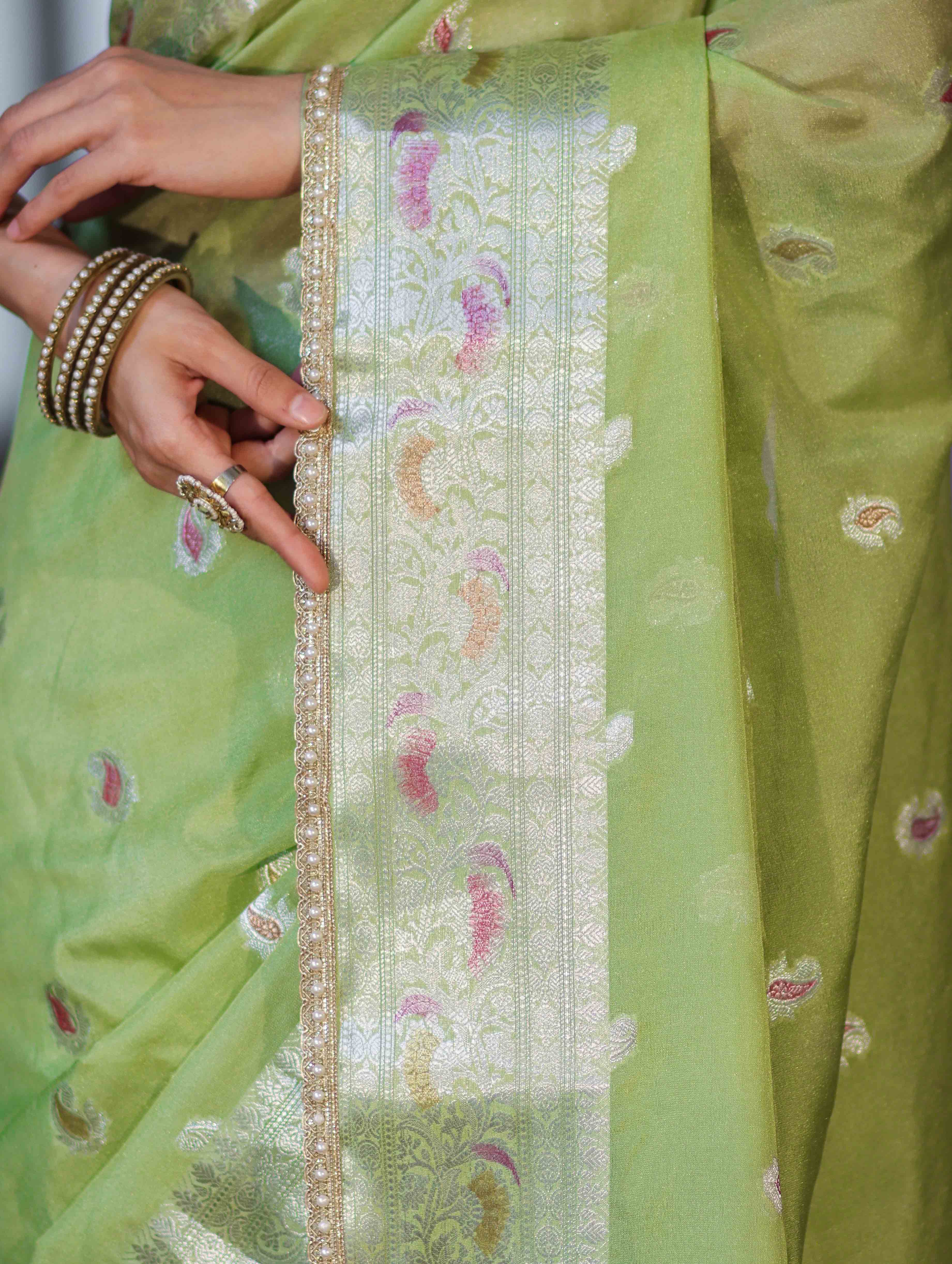 Banarasee Semi Chiffon Saree With Meena Work Silver Zari Border & Lace-Light Green