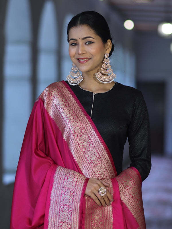 Banarasee Katan Silk Dupatta With Gold Zari Woven Border-Pink