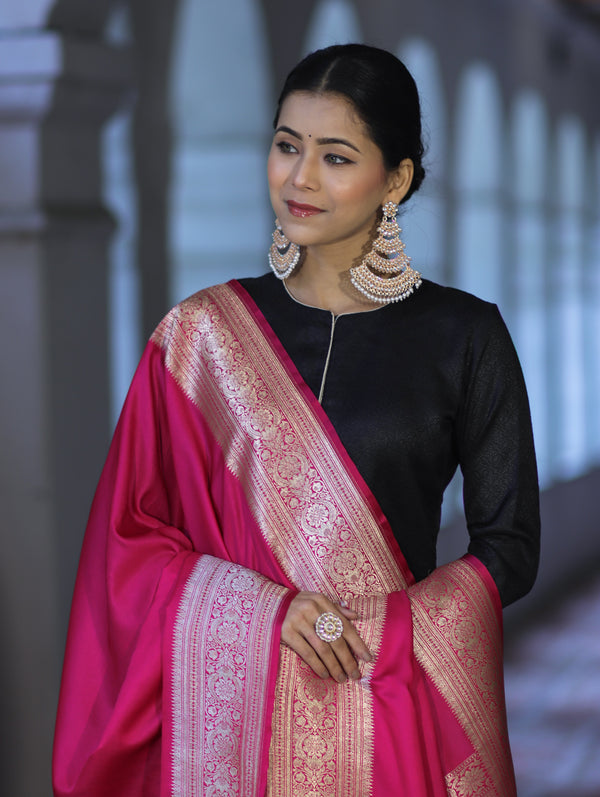 Banarasee Katan Silk Dupatta With Gold Zari Woven Border-Pink