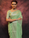 Banarasee Handwoven Semi-Chiffon Saree With Silver Zari Buta & Border-Green