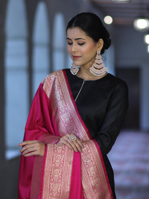 Banarasee Katan Silk Dupatta With Gold Zari Woven Border-Pink
