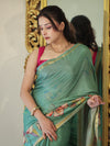 Banarasee Handloom Cotton Silk Saree With Digital Floral Prints & Border-Light Green