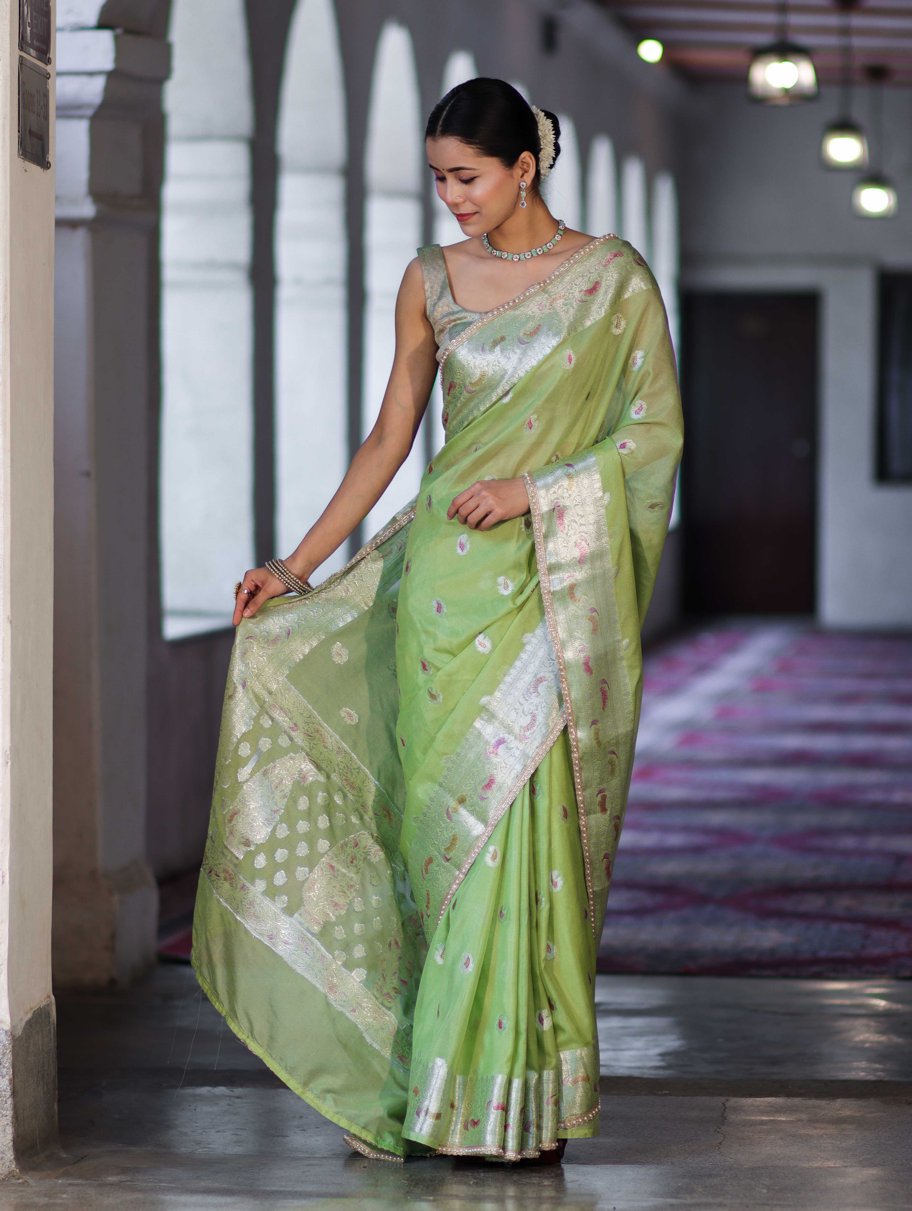 Banarasee Semi Chiffon Saree With Meena Work Silver Zari Border & Lace-Light Green