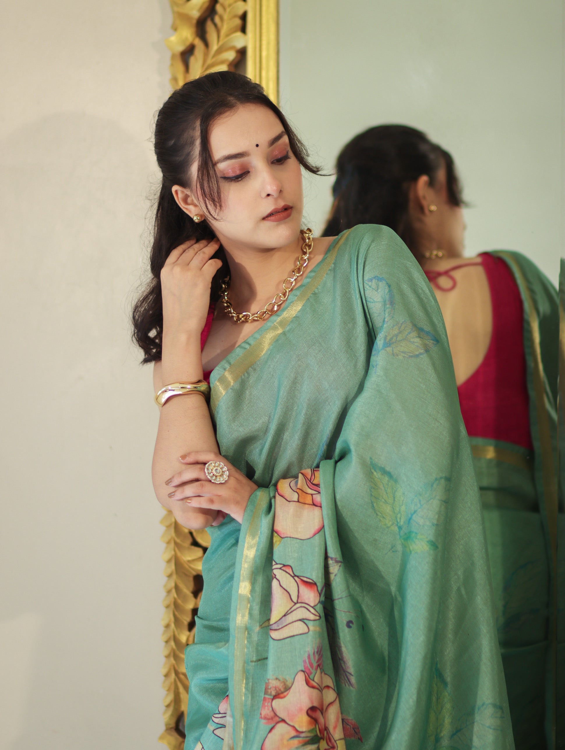 Banarasee Handloom Cotton Silk Saree With Digital Floral Prints & Border-Light Green
