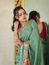 Banarasee Handloom Cotton Silk Saree With Digital Floral Prints & Border-Light Green
