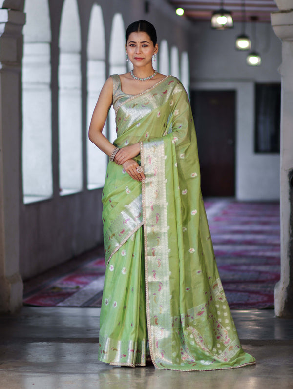 Banarasee Semi Chiffon Saree With Meena Work Silver Zari Border & Lace-Light Green