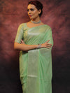 Banarasee Handwoven Semi-Chiffon Saree With Silver Zari Buta & Border-Green