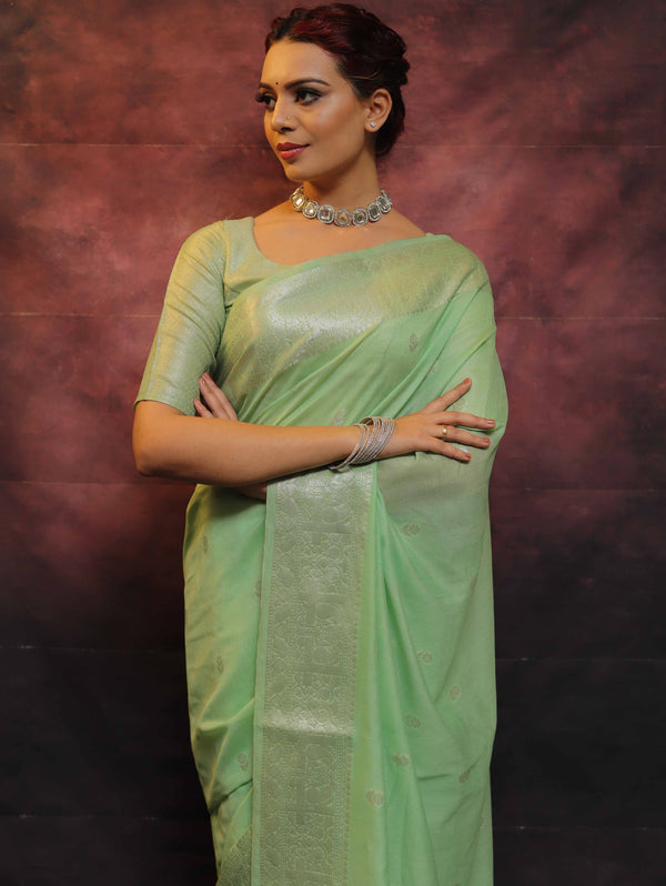 Banarasee Handwoven Semi-Chiffon Saree With Silver Zari Buta & Border-Green