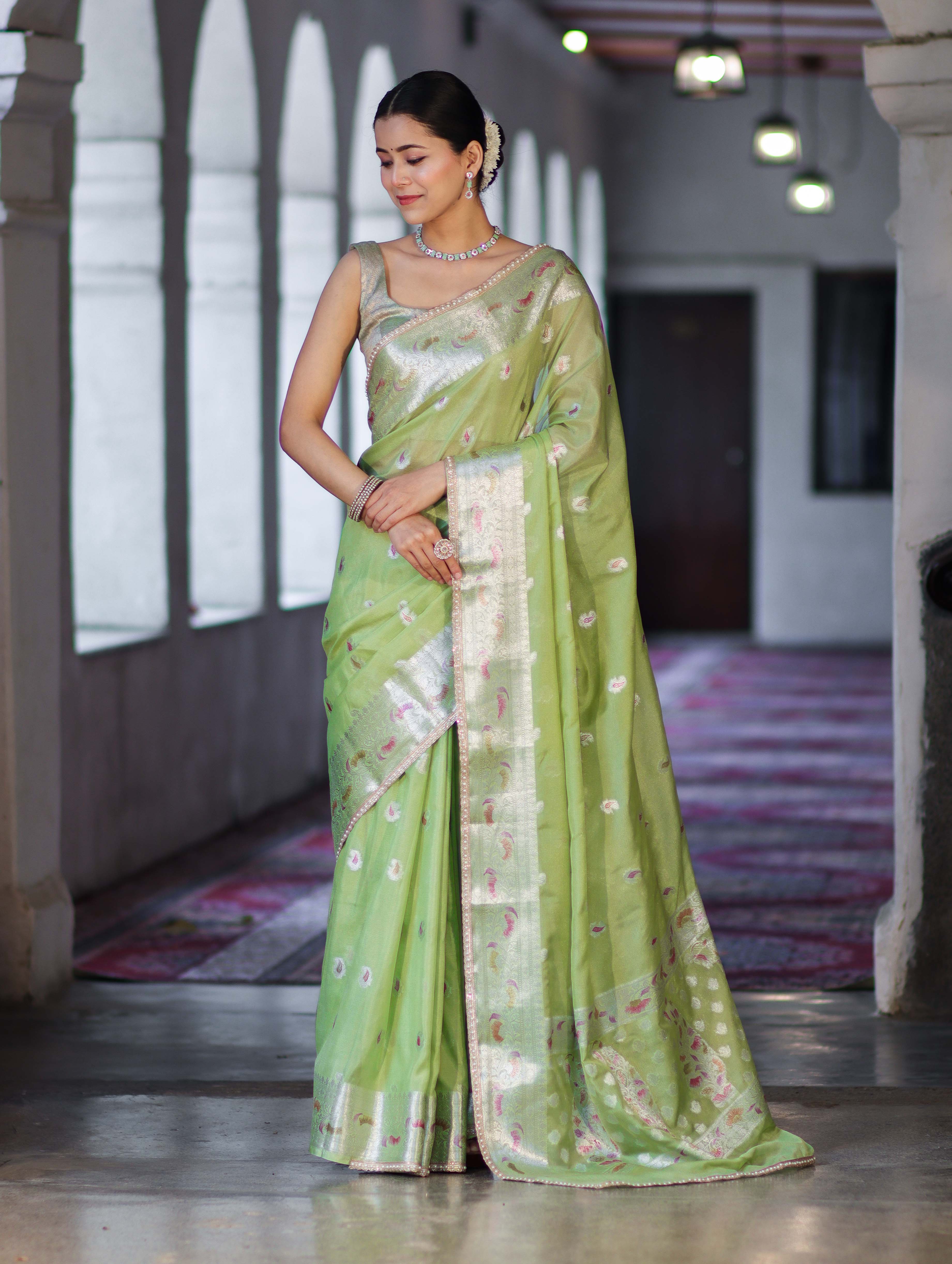 Banarasee Semi Chiffon Saree With Meena Work Silver Zari Border & Lace-Light Green