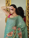 Banarasee Handloom Cotton Silk Saree With Digital Floral Prints & Border-Light Green