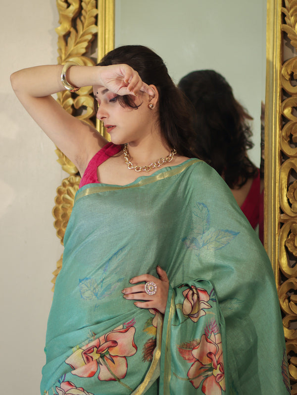 Banarasee Handloom Cotton Silk Saree With Digital Floral Prints & Border-Light Green
