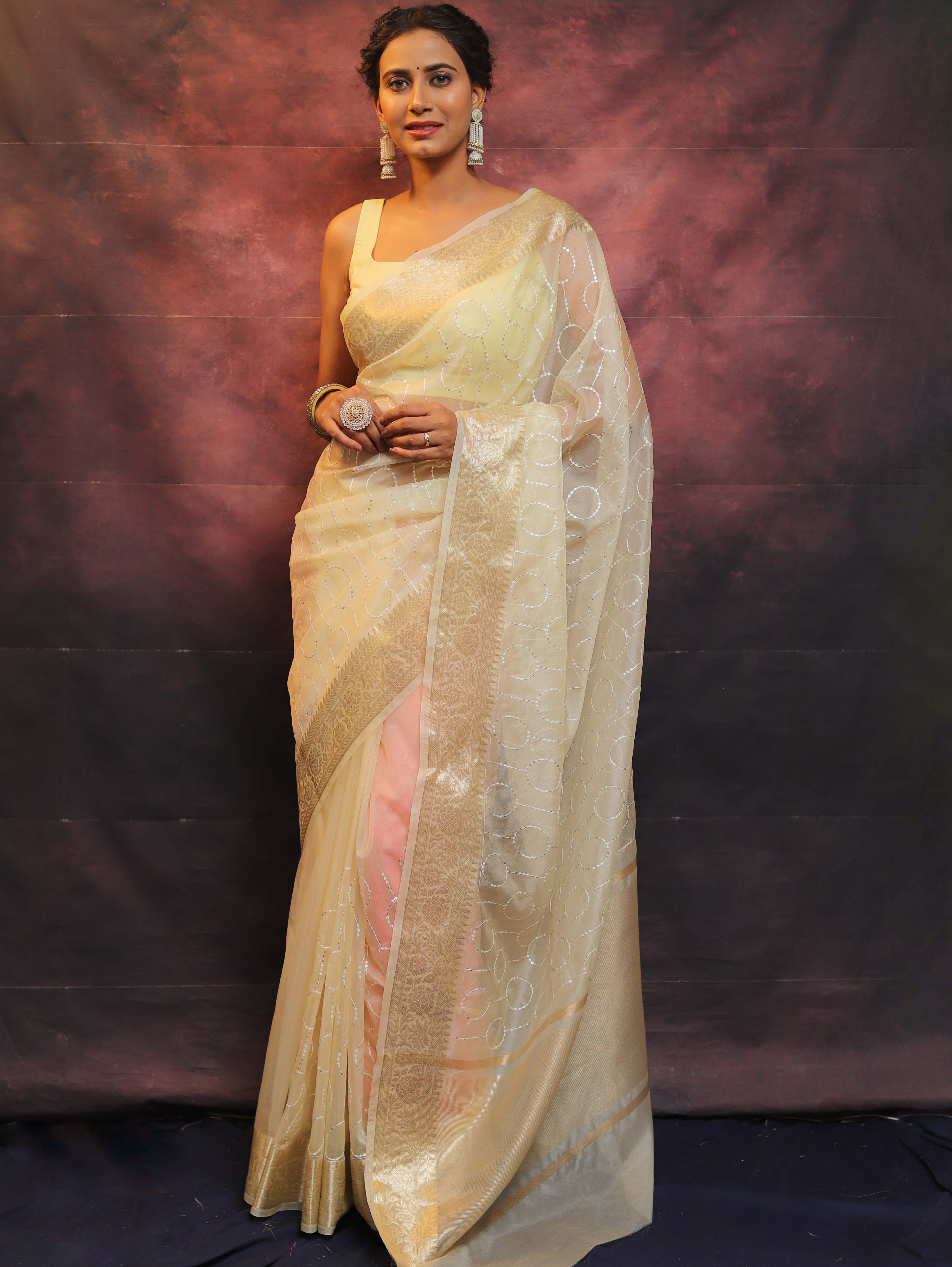 Banarasee Organza Floral Embroidery Sequin Work Saree-Light Yellow