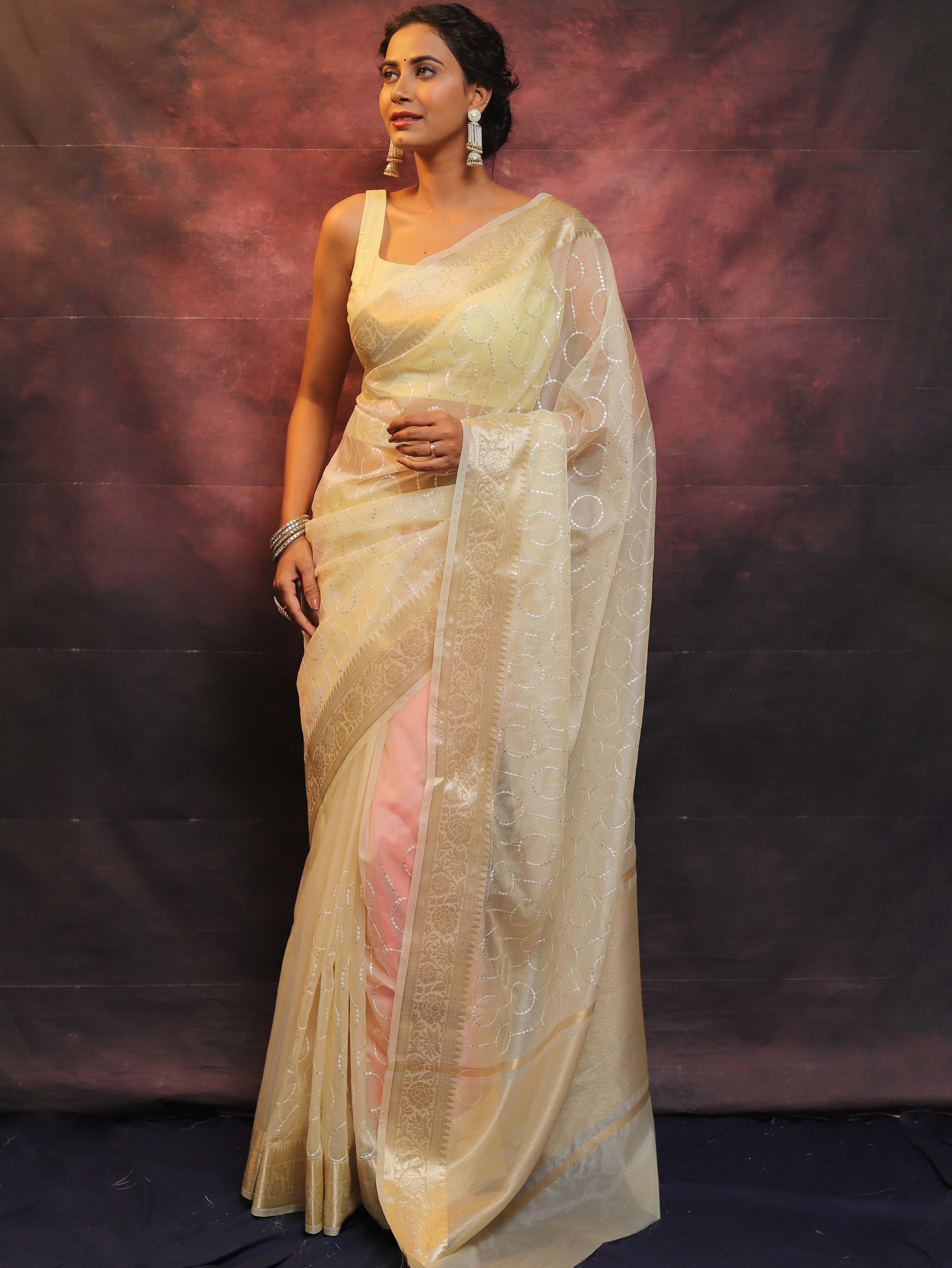 Banarasee Organza Floral Embroidery Sequin Work Saree-Light Yellow